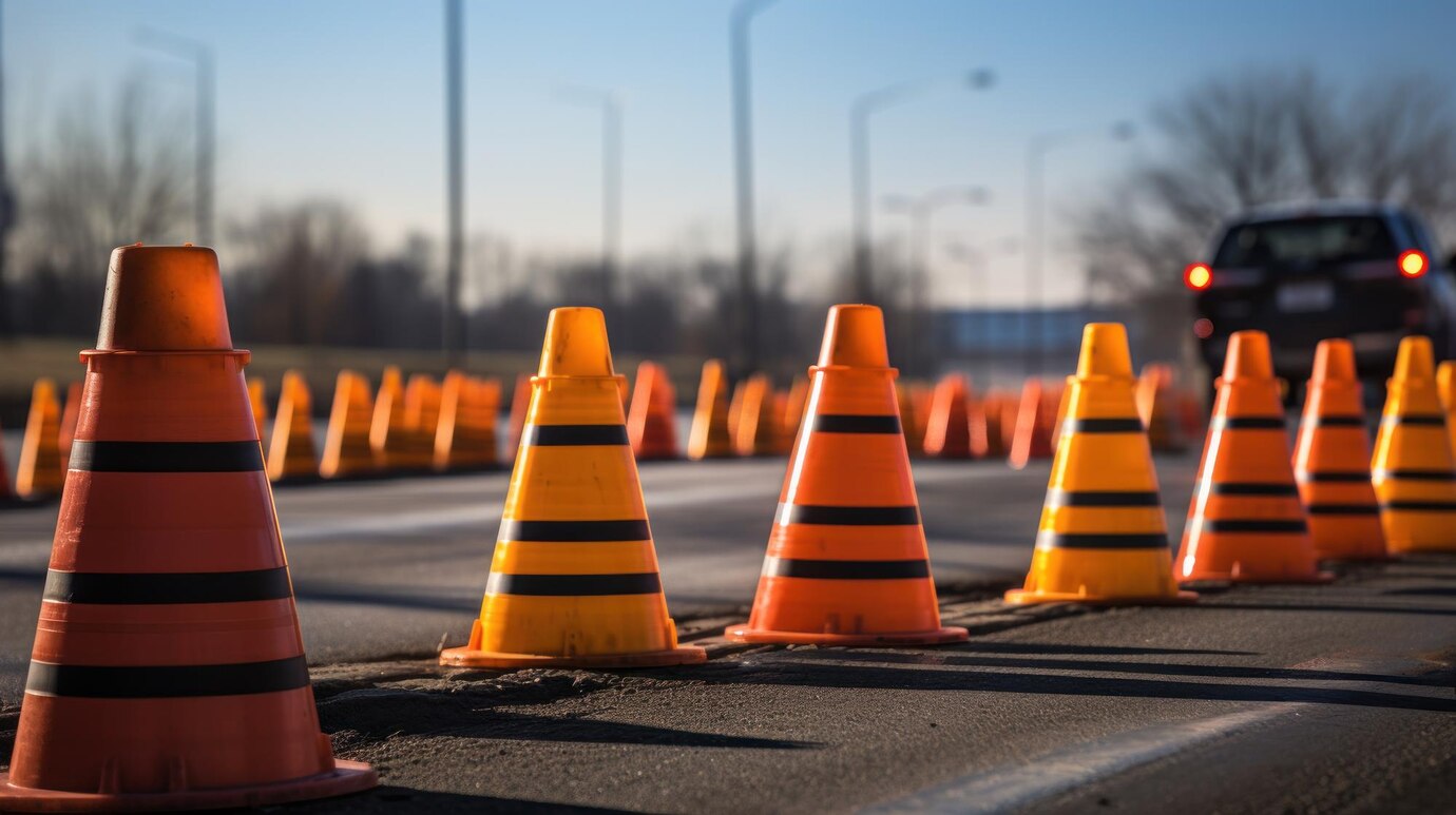 traffic-cones-line-up-along-sunlit-asphalt-road_157027-4055